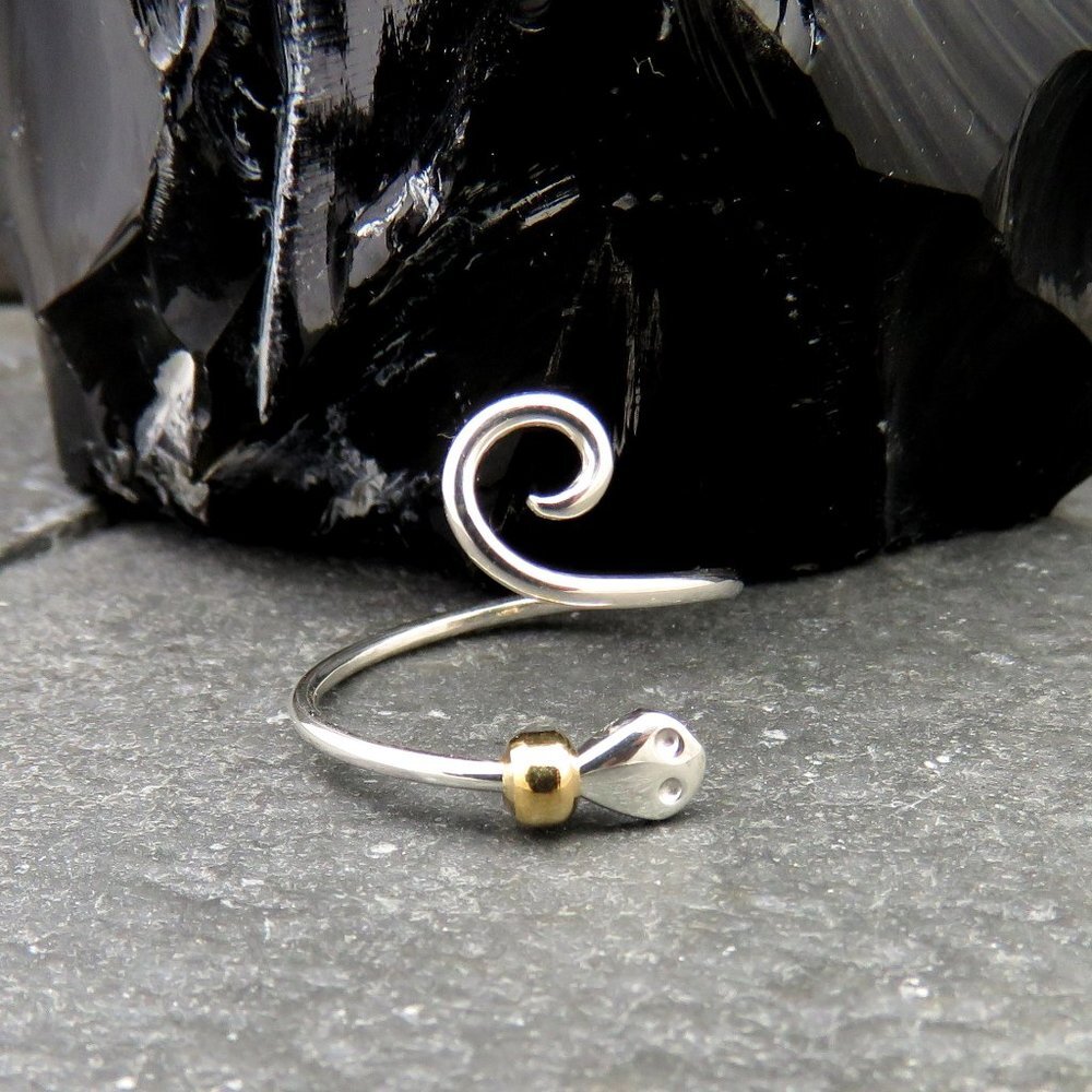Silver Snake Fidget Ring Meditation Ring - Solid Sterling Silver with Brass Bead